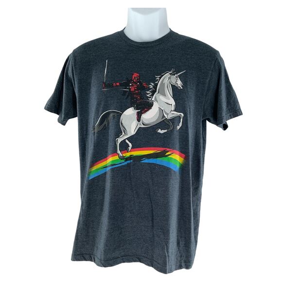 Marvel T-Shirt Men M Short Sleeve Deadpool Riding On Unicorn Rainbow Graphic Tee - Picture 1 of 4